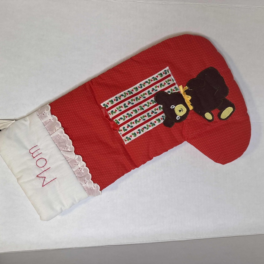 Vintage 80's‎ Stocking for Mom Brown Bear Holly Berry Present Lace Embroidered